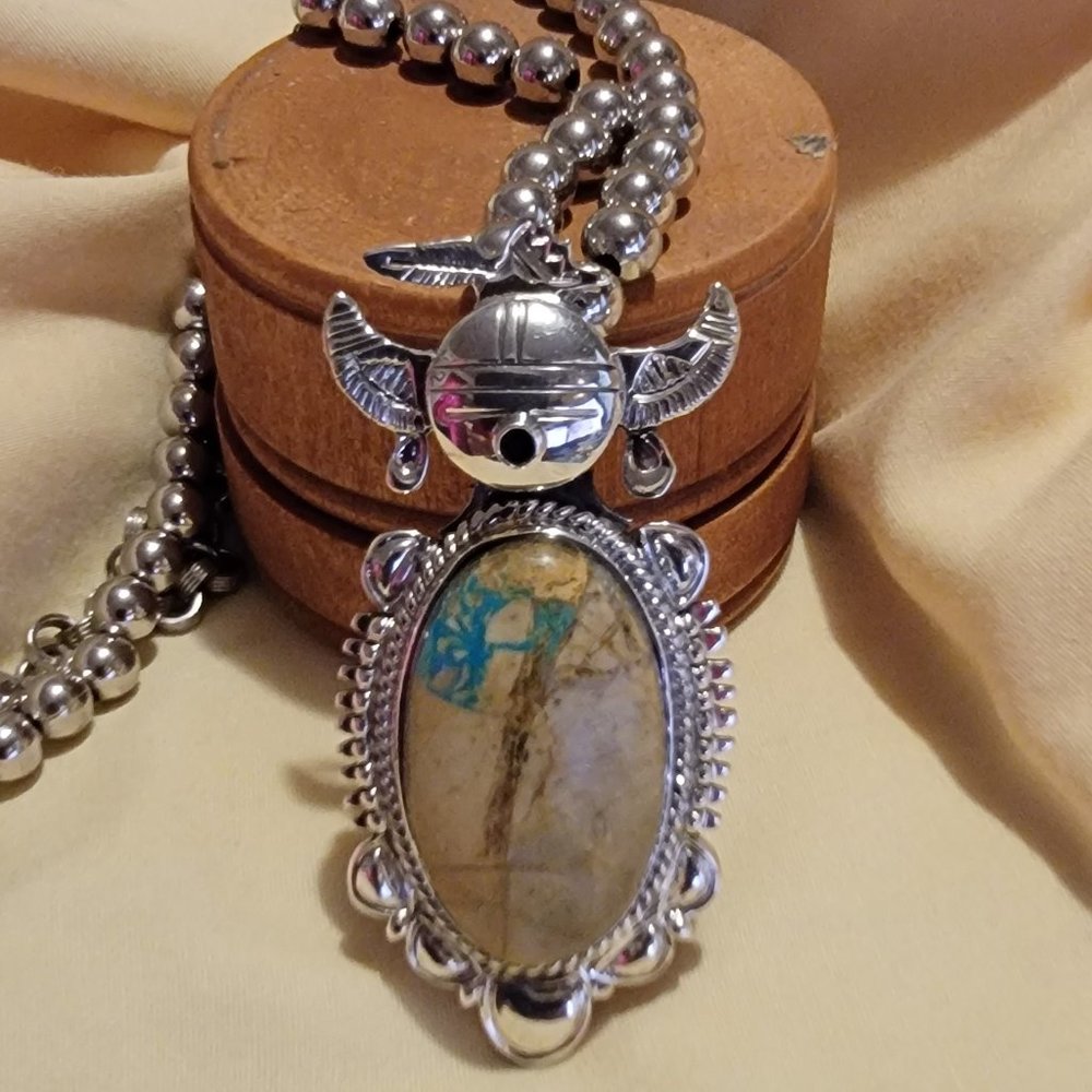 Navajo Boulder Turquoise Pendant - Signed - Bennie Ration